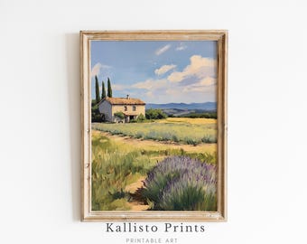Provence Lavender Field Painting, French Farmhouse Landscape (Digital Download)
