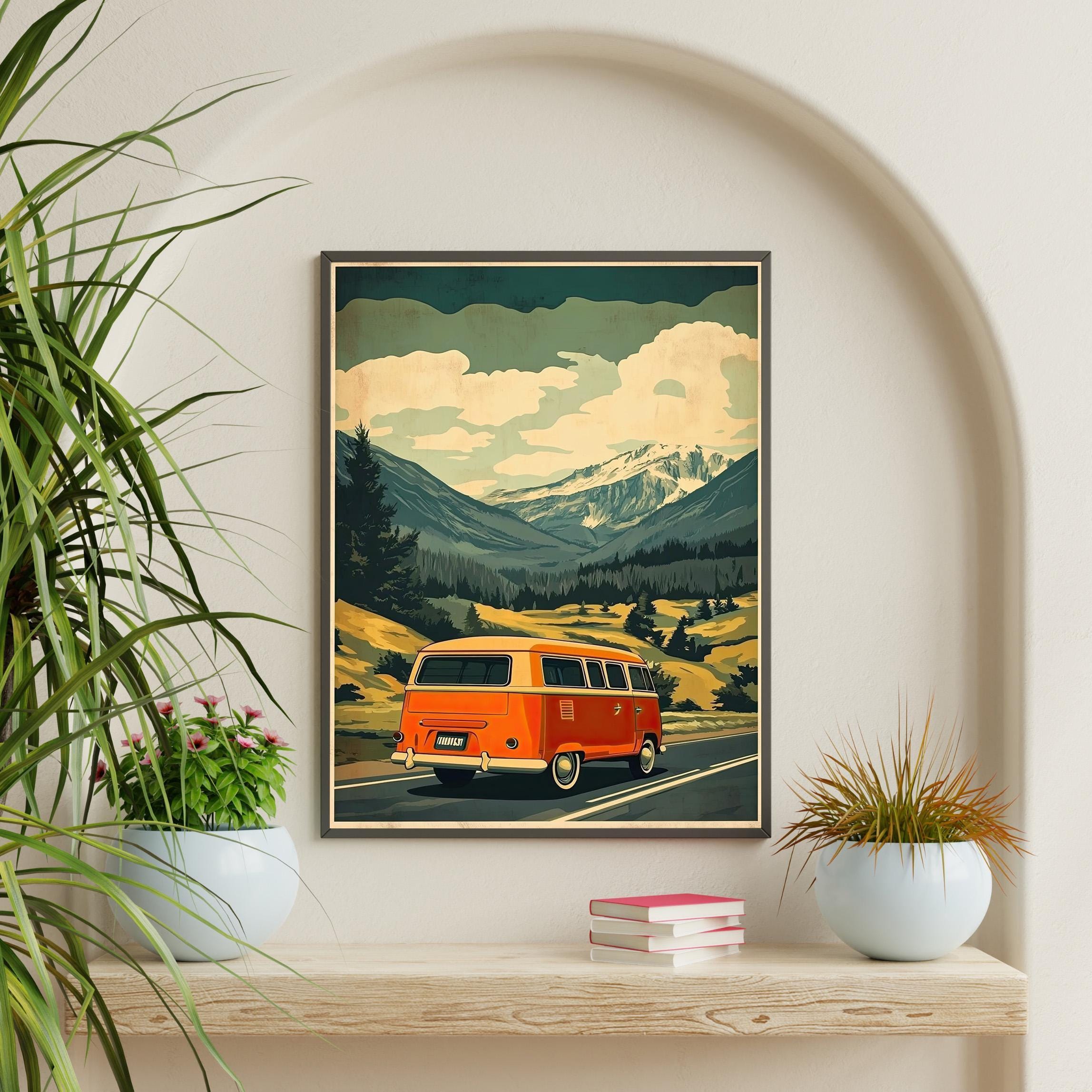 Vintage Camper Van Mountain Road Trip Art Print, Retro Travel