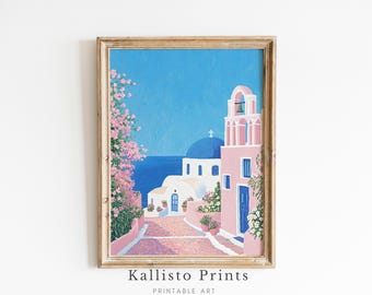 Santorini Print, Pink Bougainvillea, Greek Island Art (Digital Download)