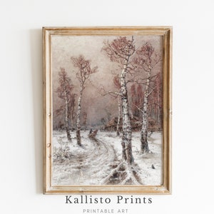 Peut inclure: Une peinture encadrée représentant une scène de forêt enneigée avec un chemin qui traverse les arbres. Les arbres sont nus et la neige est blanche. La peinture est dans un cadre en bois clair.