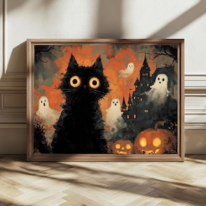 Spooky Halloween Cat Art – Black Cat & Ghosts Wall Print, Haunted House Pumpkin Decor, Cute Gothic Digital Download for Fall Decor