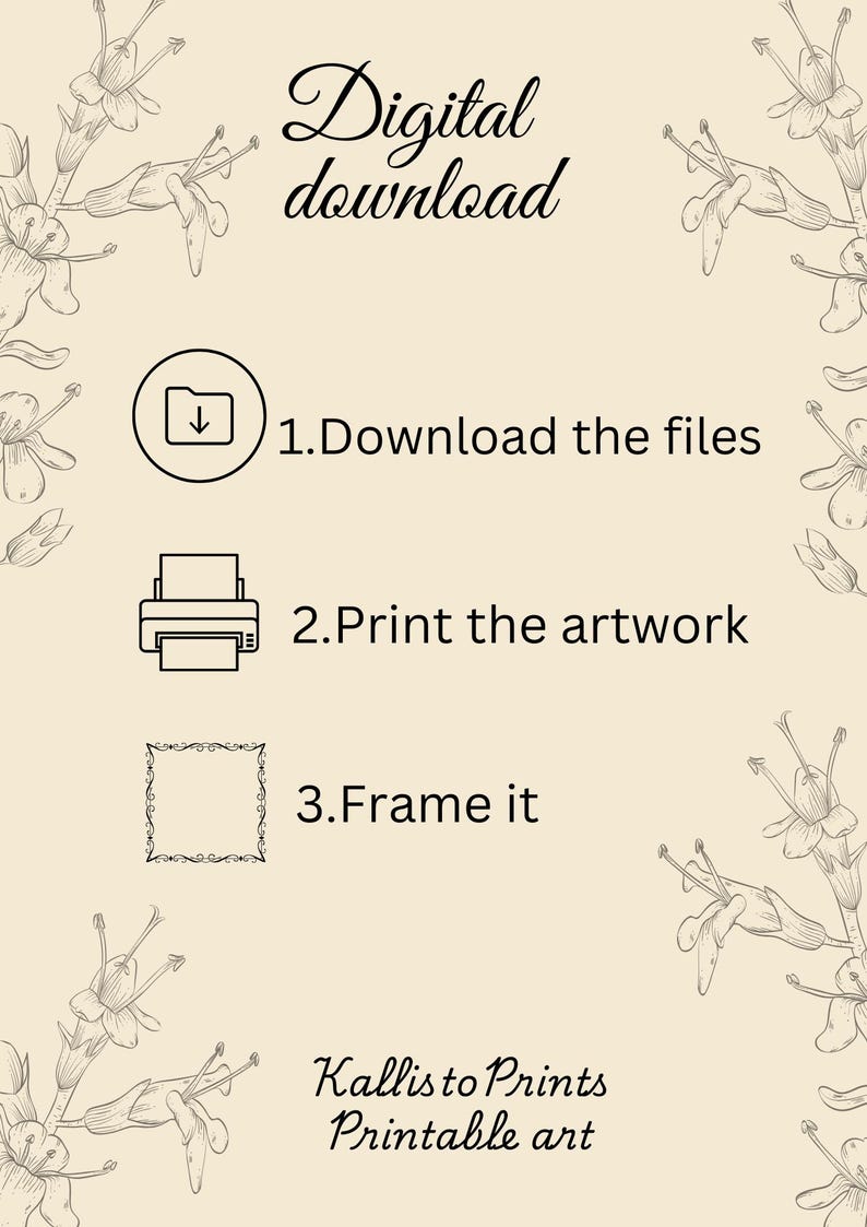 a white poster with a black and white picture of flowers