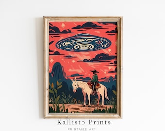 Cowboy and UFO Art Print, Western Sci-Fi Landscape (Digital Download)