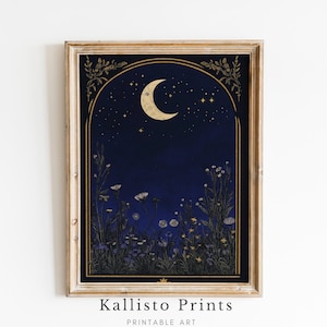 Moonlit Wildflower Garden Print – Celestial Botanical Art with Gold Stars, Dreamy Night Sky Digital Download, Mystical Wall Decor Gift 1286