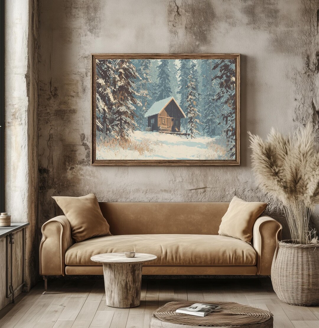 Winter Cabin Art Print – Snowy Pine Forest Landscape (digital Download ...