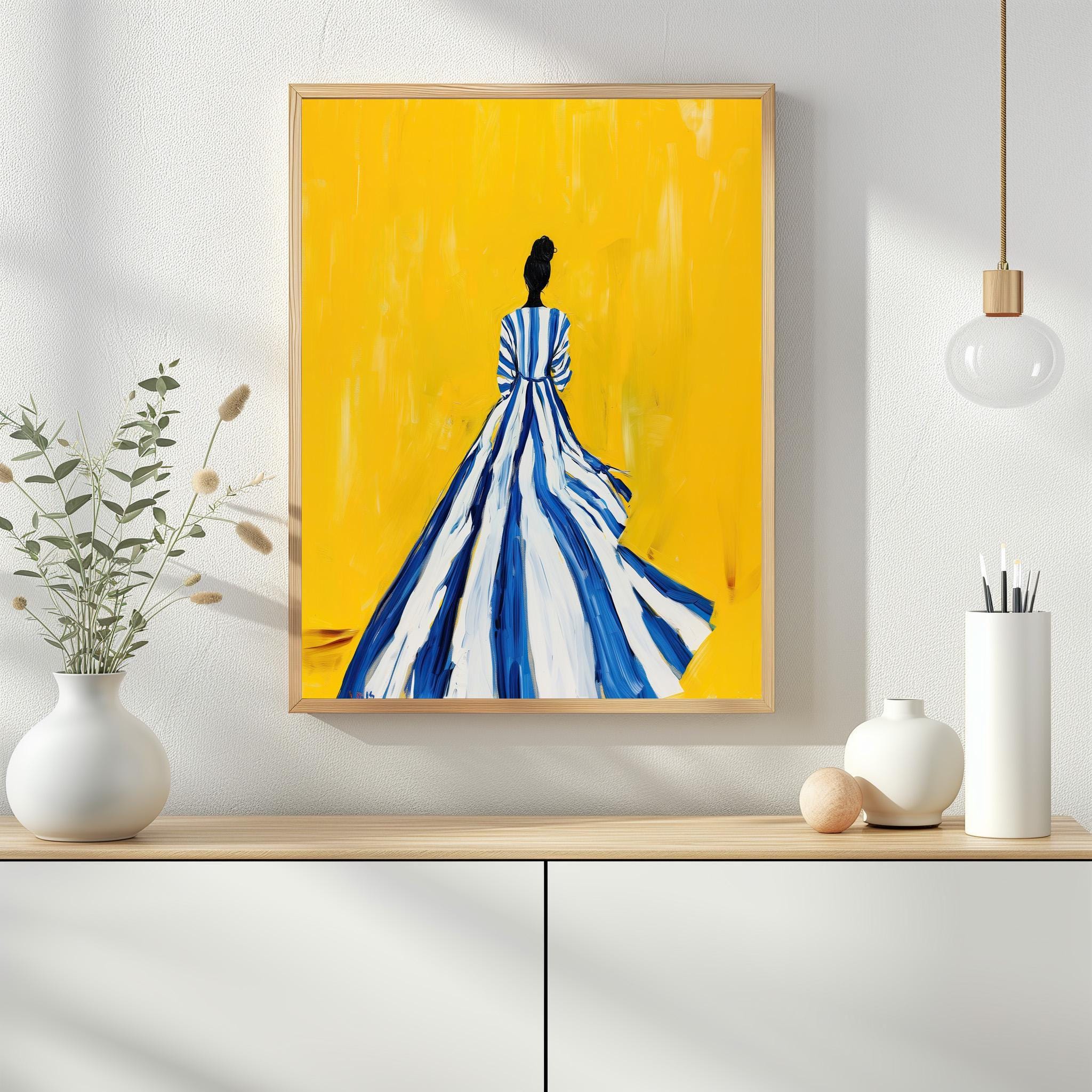 Modern Minimalist Woman Art Print - Bold Yellow Wall Art | Blue Striped ...