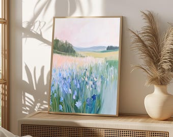 Wildflower Meadow Print, Pastel Floral Landscape, Cottagecore Wall Decor (Digital Download)