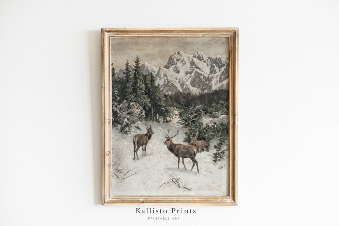 Winter Deer Art Print | Rustic Mountain Landscape (digital Download) - Etsy