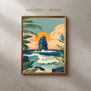 Stampa retrò con onde tropicali al tramonto, arte murale stampabile blu e arancione, decorazione per casa al mare, download digitale 1955
