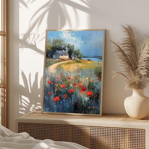 Rustic Cottage Poppy Field Painting, French Countryside Wall Art, Impressionist Landscape Print, Farmhouse Decor,1043