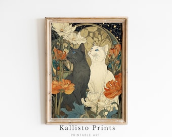 Art Nouveau katttryck, himmelsk blomillustration (digital nedladdning)