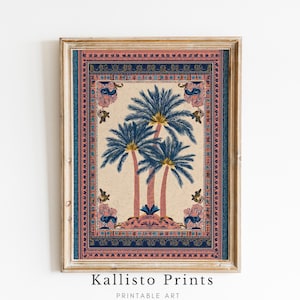 May include: A framed print depicting three blue palm trees on a beige backdrop, enclosed by a decorative border in navy, pink, and gold. The print has the text "Kallisto Prints" and "PRINTABLE ART" at the bottom.