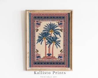 May include: A framed print featuring three blue palm trees on a beige background, framed by a decorative border in navy, pink, and gold. The print has the text "Kallisto Prints" and "PRINTABLE ART" at the bottom.