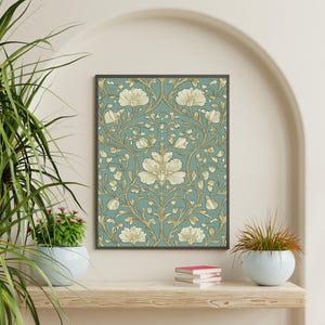 May include: A framed print of a vintage floral pattern with a blue background and gold accents. The pattern features stylized flowers and leaves.