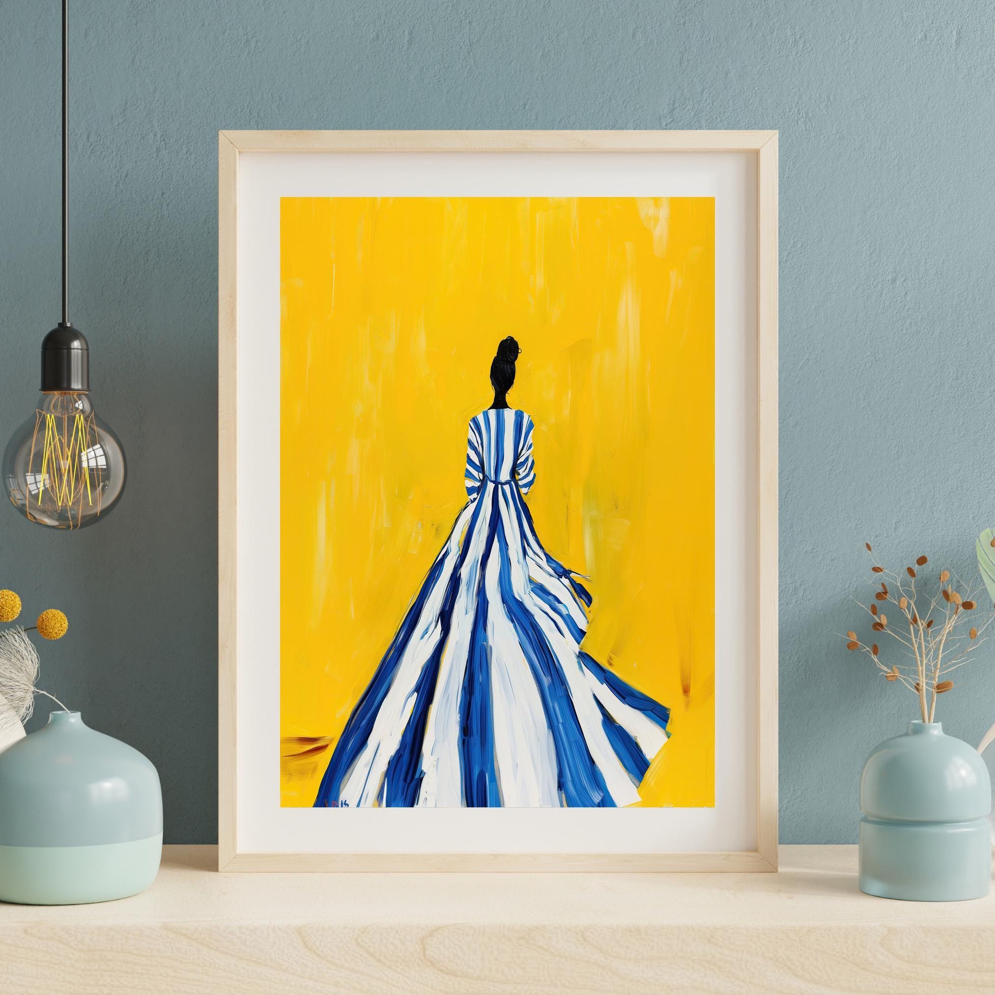 Modern Minimalist Woman Art Print - Bold Yellow Wall Art | Blue Striped ...