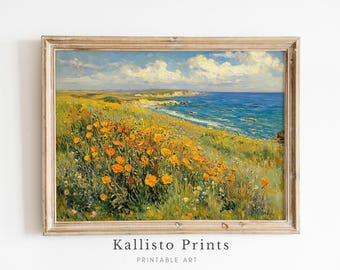 Puede incluir: Una pintura de un paisaje costero con un campo de flores silvestres amarillas en primer plano, una costa rocosa y un océano azul en el fondo.