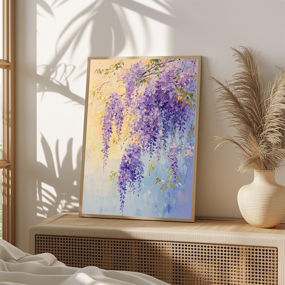 紫の藤の花柄プリント、パステルカラーのボタニカルウォールアート