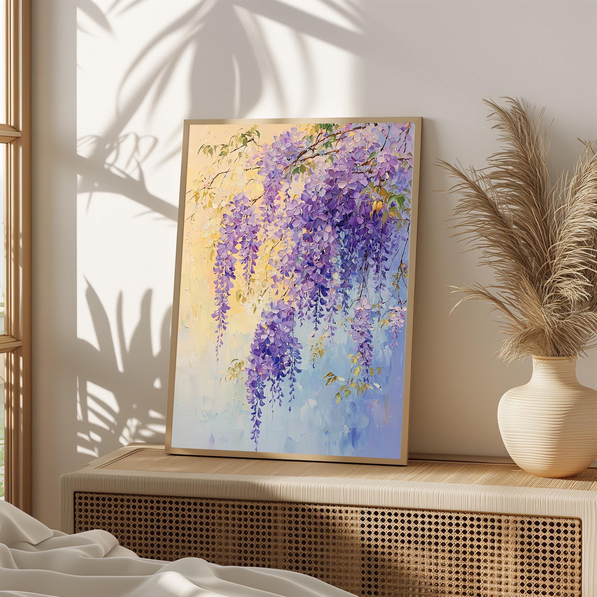 紫の藤の花柄プリント、パステルカラーのボタニカルウォールアート