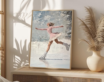 Peut inclure: Peinture encadrée d'une patineuse artistique en robe rose, en mouvement sur une patinoire. Le fond représente un paysage hivernal enneigé, avec un cadre en bois clair.
