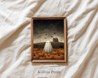 May include: A framed print featuring a spooky Halloween scene. A white ghost stands in a field of pumpkins, with a haunted house in the background under a dark sky with flying crows. The text "Kallisto Prints" is at the bottom.