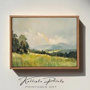 Pastoral Landscape Art Print, Rolling Hills & Rainbow Painting, Tranquil Country Scenery Wall Decor, Digital Download 1115