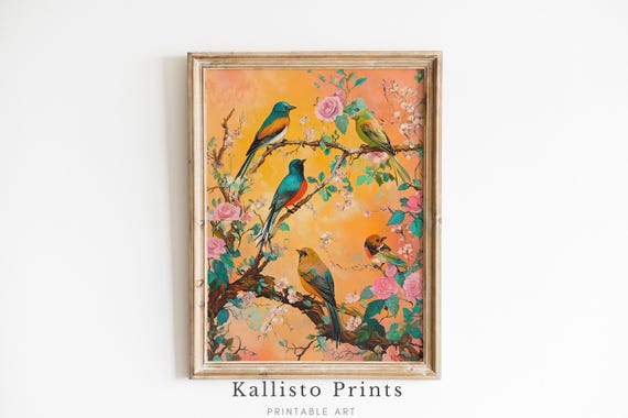 Floral Bird Print, Vintage Botanical Illustration (Digital Download)