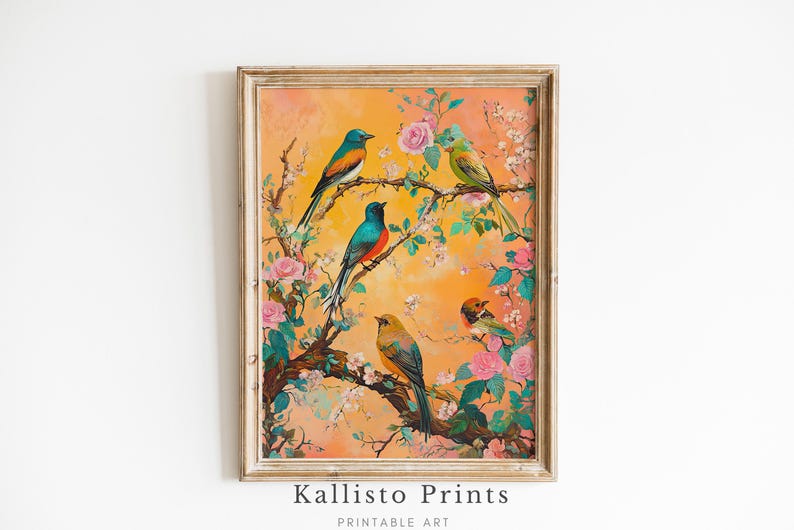 May include: A framed print of a painting featuring five colorful birds perched on a blooming tree branch with pink flowers. The background is a soft orange gradient.