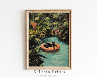 Tropical Black Cat Art Print, Jungle Pool Illustration (Digital Download)