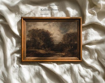 May include: A framed landscape print with a vintage aesthetic. The artwork features a detailed depiction of trees, a river, and a cloudy sky, all rendered in muted brown and gray tones. The frame is a warm, medium brown.