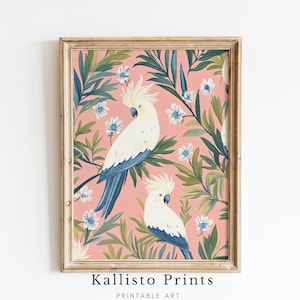 Pink Cockatoo Botanical Wall Art | Tropical Bird Digital Printable | Vibrant Parrot Artwork for Home Decor | Exotic Floral Illustration/600