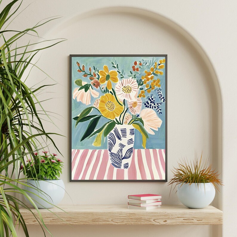 Floral Vase Painting Print, Modern Botanical Wall Art, Colorful Flower ...