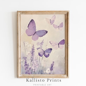 Lavender Butterfly Wall Art, Soft Purple Floral Print, Whimsical Nature Painting, Feminine Bedroom Decor 975