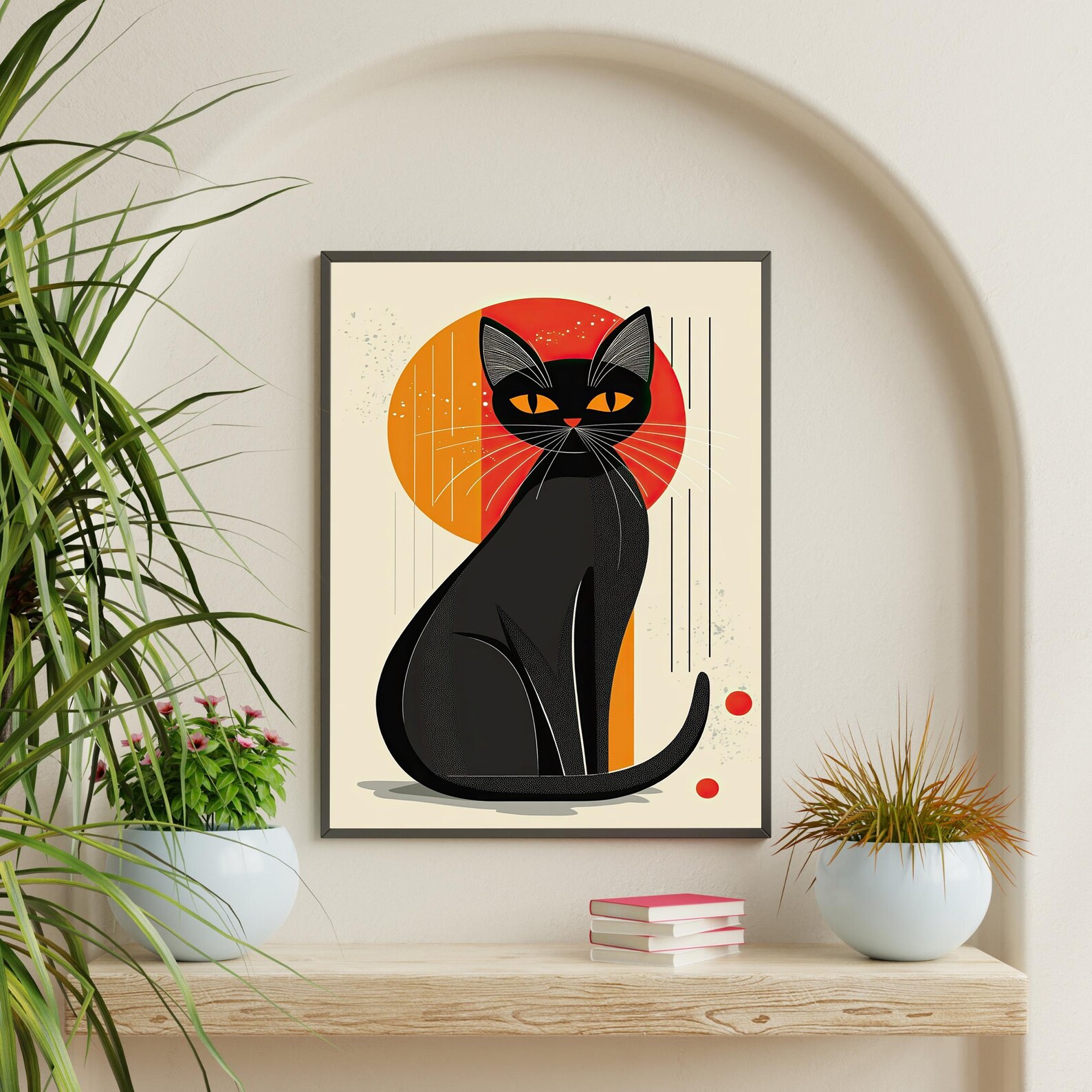 Mid Century Modern Black Cat Art Print, Retro Minimalist Decor (digital ...