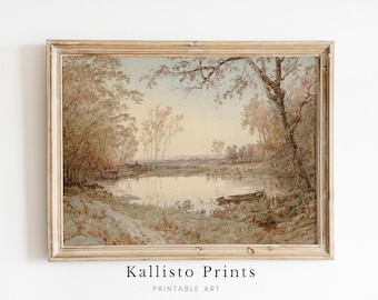 Vintage Autumn Landscape Print | Rustic Lake, Serene Boat (Digital Download)