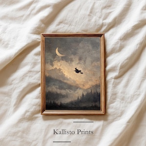 May include: A framed print featuring a vintage-style painting of a witch flying on a broomstick under a crescent moon. The artwork has a dark, moody color palette with a forest and cloudy sky. The text "Kallisto Prints" is at the bottom.