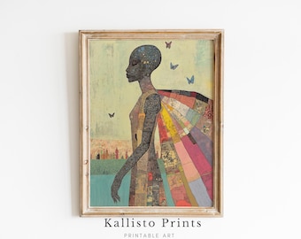 Surreal Woman Portrait Print, Boho Butterfly Art (Digital Download)
