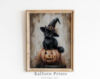 Witch Cat Halloween Print – Black Cat on Pumpkin (Digital Download)