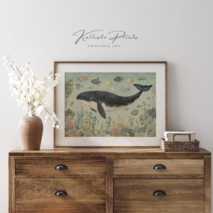 Lámina artística de ballenas y vida marina / Decoración costera oceánica (descarga digital) imagen 3