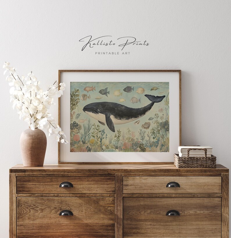 Lámina artística de ballenas y vida marina / Decoración costera oceánica (descarga digital) imagen 3