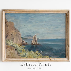 Serene Coastal Landscape Painting | Seaside Cliffs Art Print | Vintage Ocean Scene | Tranquil Nature Wall Art | Beach Decor/111