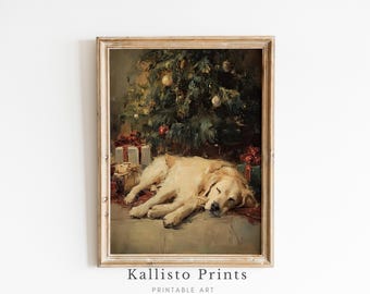 May include: A framed vintage-style painting depicts a sleeping golden retriever dog in front of a decorated Christmas tree. Presents are scattered around the dog. The artwork has a warm, inviting color palette and is labeled "Kallisto Prints, Printable Art."