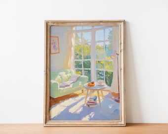 May include: A framed painting depicting a sunlit interior scene with a light green sofa, a small round table holding a cake and a cup, a stack of books, and a floor lamp, all positioned before a large window overlooking green trees.