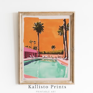 Retro Palm Springs Poolside Print | Mid-Century Modern Art | Vibrant Orange & Pink Summer Decor | Palm Tree Poolside Scene /435