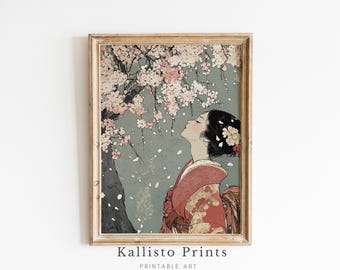 Peut inclure: Une estampe encadrée d'une femme en kimono rouge, la tête renversée, regardant un cerisier en fleurs. L'arrière-plan est d'un bleu-vert doux avec des fleurs de cerisier qui tombent.