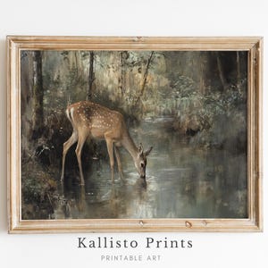 May include: A framed painting of a deer drinking from a stream in a forest. The deer is brown with white spots and is standing in the water. The forest is green and lush, and the water is clear and blue.