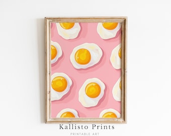 Pop Art con uovo fritto su sfondo rosa / Divertente arte murale moderna / Decorazione per la cucina / Regalo per gli amanti della colazione / Download digitale/574