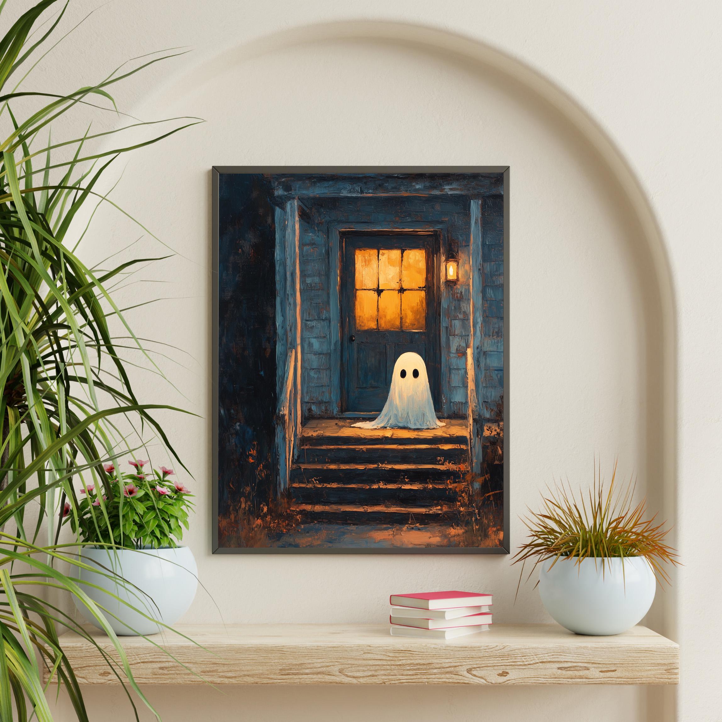メイ Cozy Ghost on Front Porch Halloween Art | Spooky Autumn