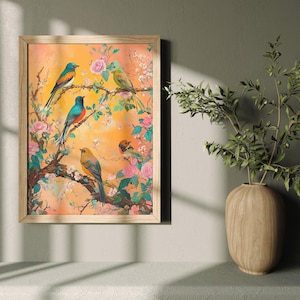 May include: A framed print of a colorful painting featuring five birds perched on a flowering branch. The birds are blue, green, and yellow with black markings. The flowers are pink and white. The background is a soft orange.