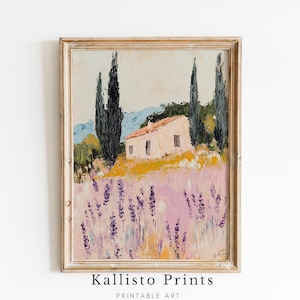 A framed painting depicting a rural landscape with a house surrounded by trees and a field of purple flowers.