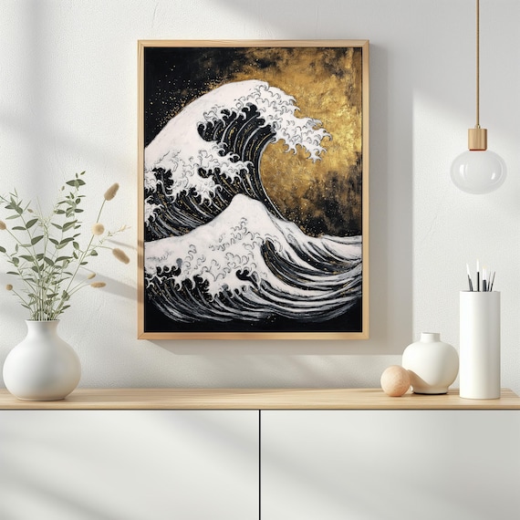 Gold Wave Art Print – Japanese Ocean Coastal Decor (instant